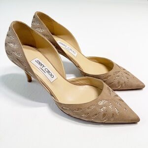 Jimmy Choo Daysha Cutout Nude Suede and Gold Glitter Kitten Heel Pump 39.5 9.5‎